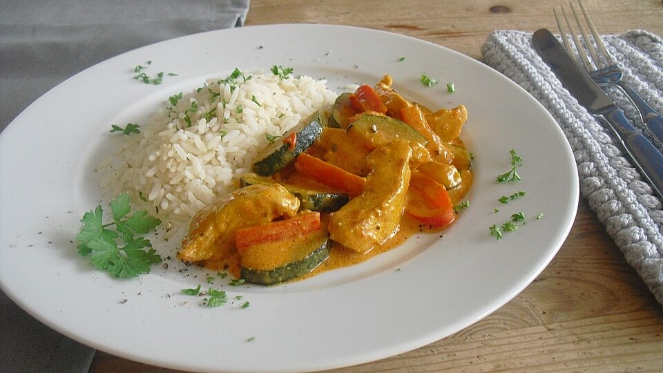 Hähnchengeschnetzeltes mit Paprika und Zucchini in Ajvar-Crème fraîche ... Hähnchengeschnetzeltes mit Paprika und Zucchini in Ajvar-Crème fraîche ...