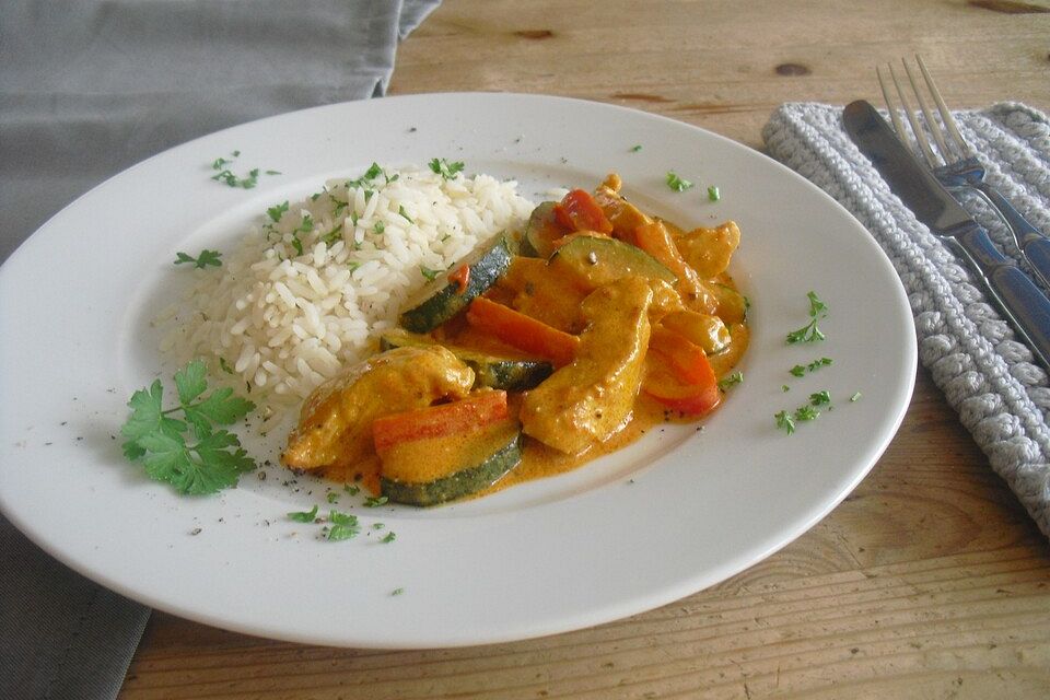 Hähnchengeschnetzeltes mit Paprika und Zucchini in Ajvar-Crème fraîche-Sauce