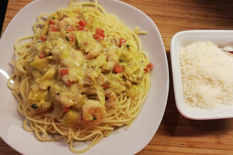 Spaghetti in Kürbis-Garnelen-Sahnesoße