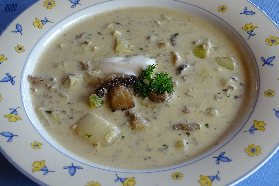 Käsesuppe mit Hackfleisch, Champignons und Lauch