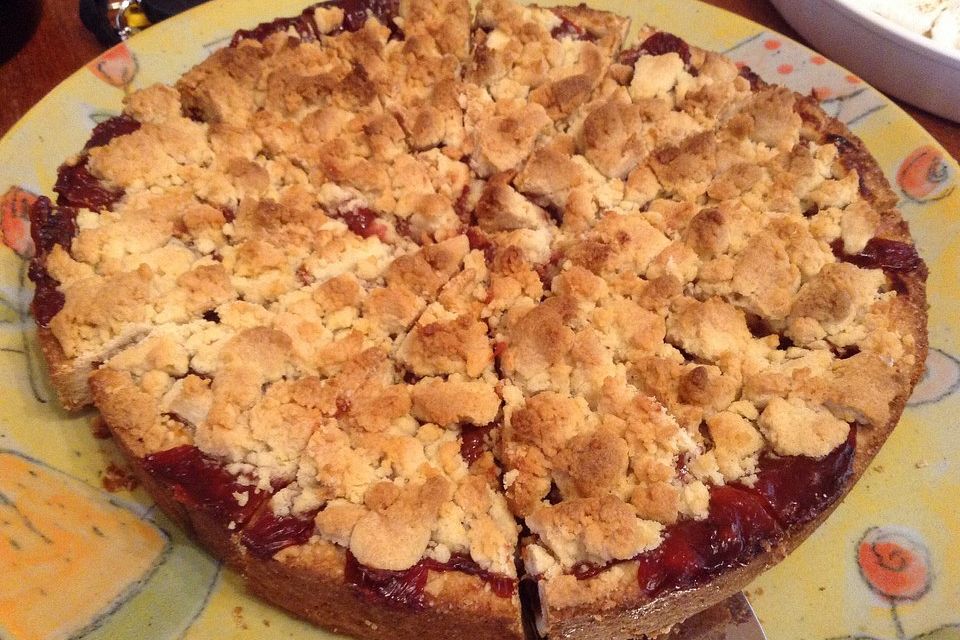 Zwetschgenmus-Kuchen mit Vanillepudding und feinen Streuseln