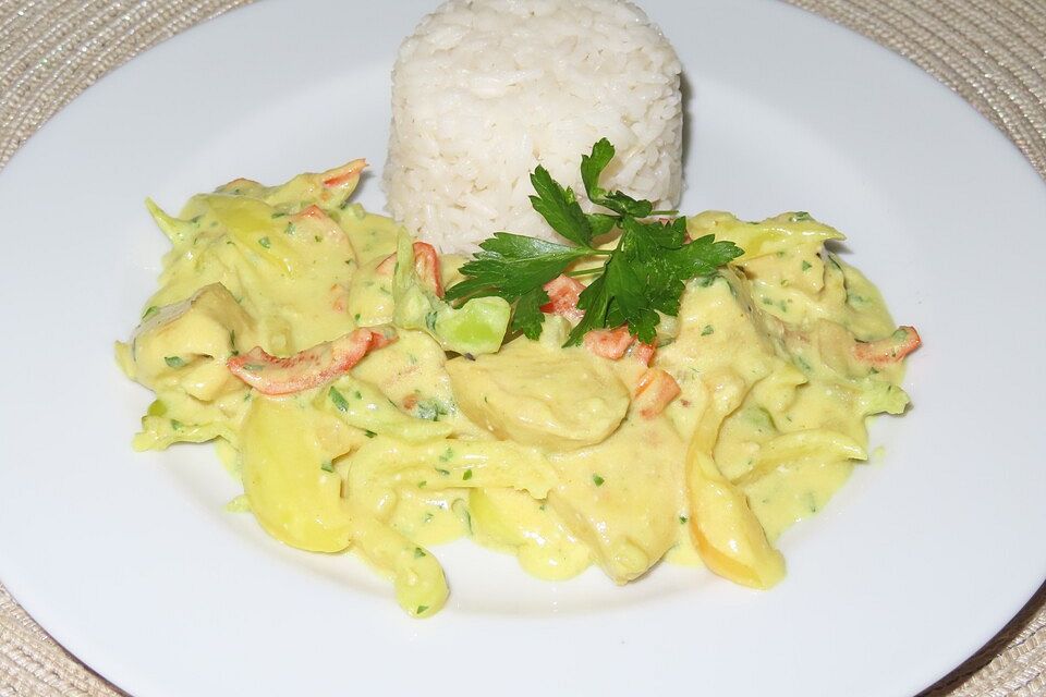 Hähnchengulasch mit Kokosmilch, Sherry und Curry