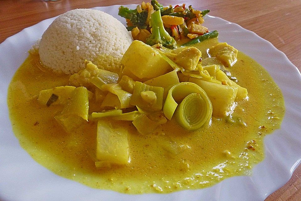 Tropisches Fischcurry mit Couscous und buntem Gemüse