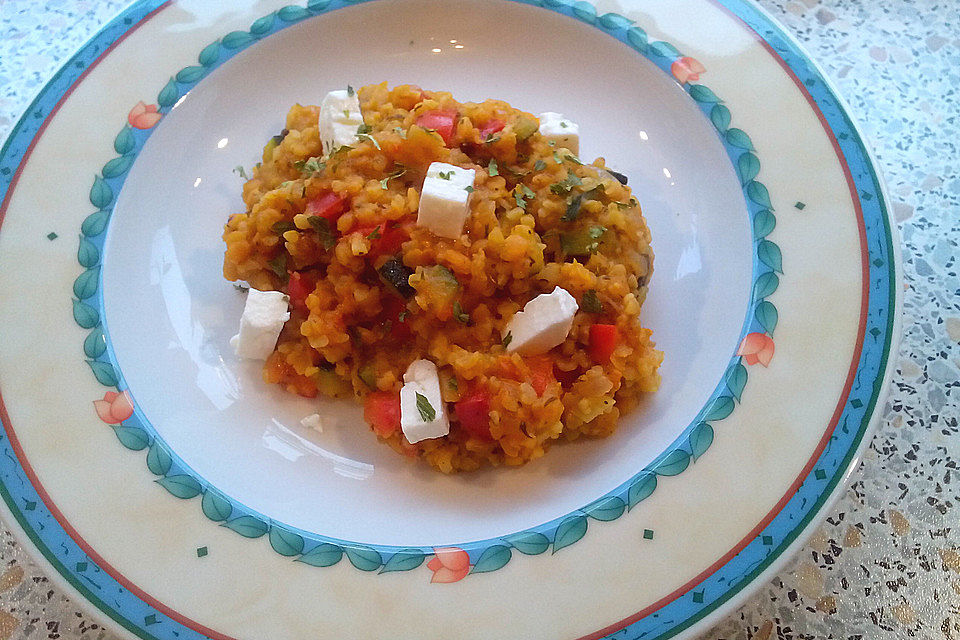 Gemüse-Bulgur-Linsen-Pfanne