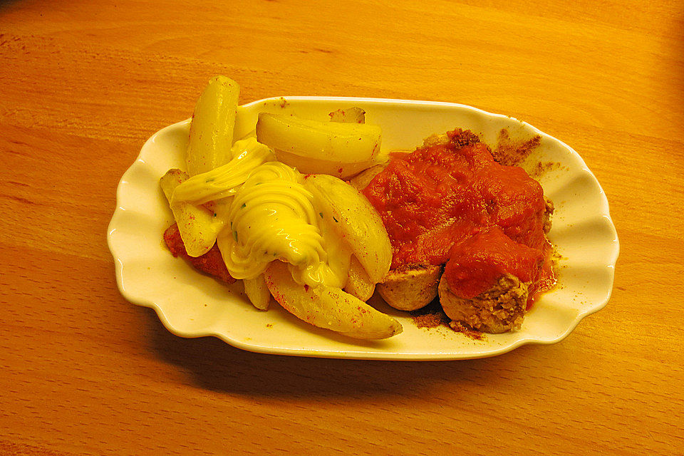 Currywurst mit Pommes frites, rot-weiß