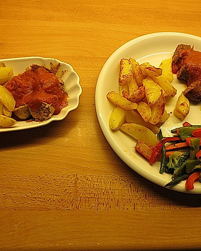 Currywurst mit Pommes frites, rot-weiß