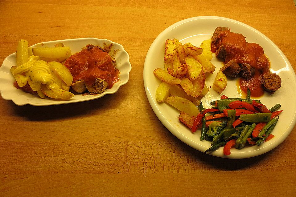 Currywurst mit Pommes frites, rot-weiß