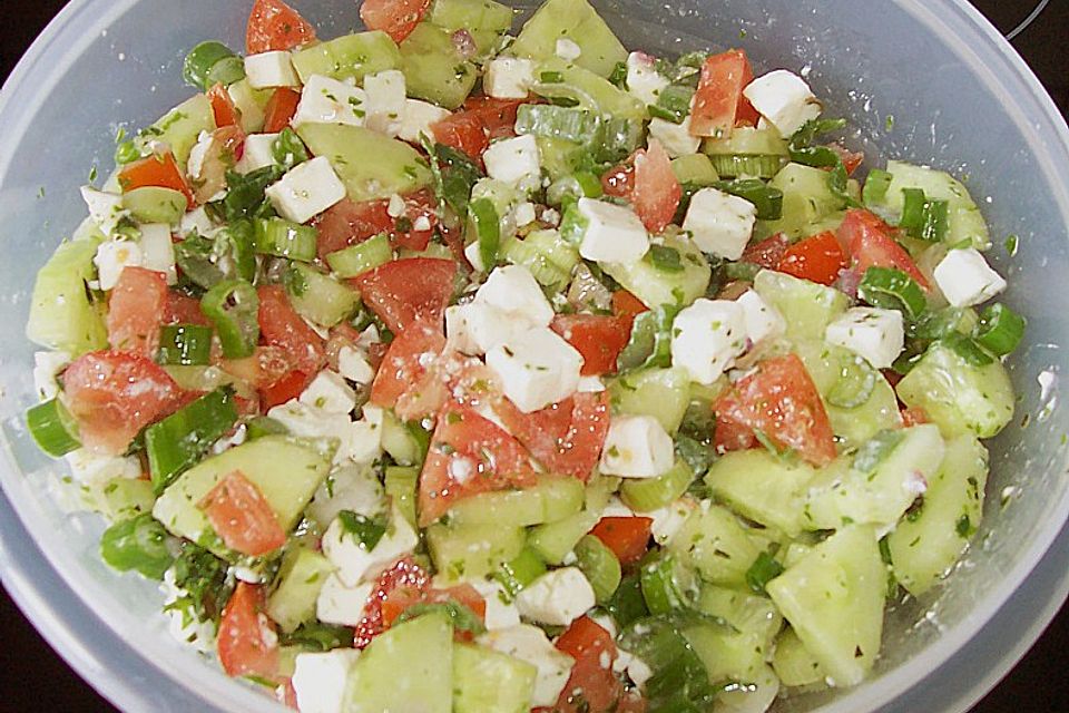 Mediterraner Tomaten - Gurkensalat mit Feta