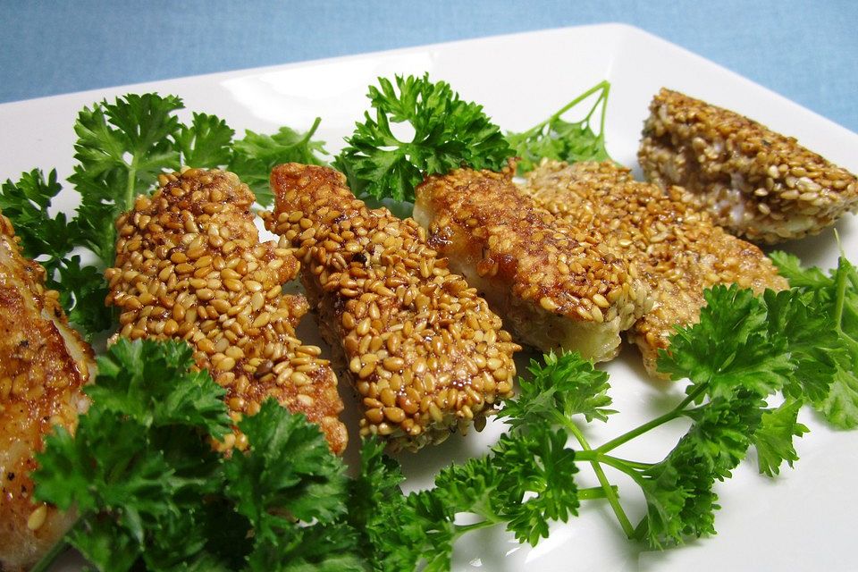 Seelachsfischstäbchen mit Sesamkruste