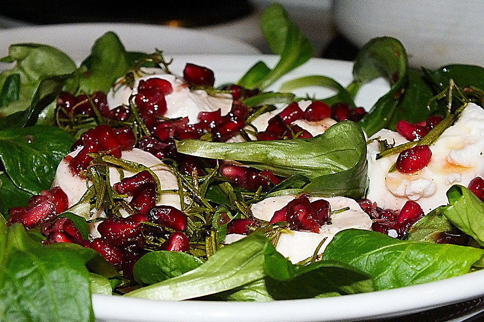 Ziegenkäsetaler auf Blattsalat mit Granatapfeldressing