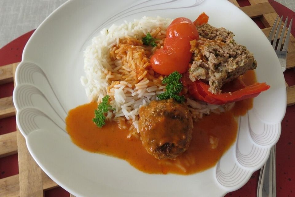 Gefüllte Spitzpaprika in leckerer Tomatensauce, Hackbällchen und Reis