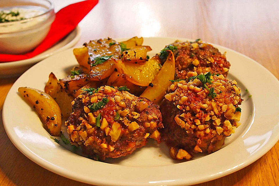 Walnuss-Frikadellen mit Kartoffelspalten und Sauerrahm