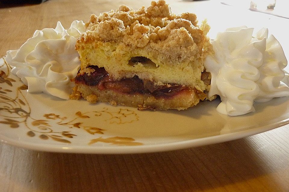 Pflaumenkuchen mit Pudding und Streusel