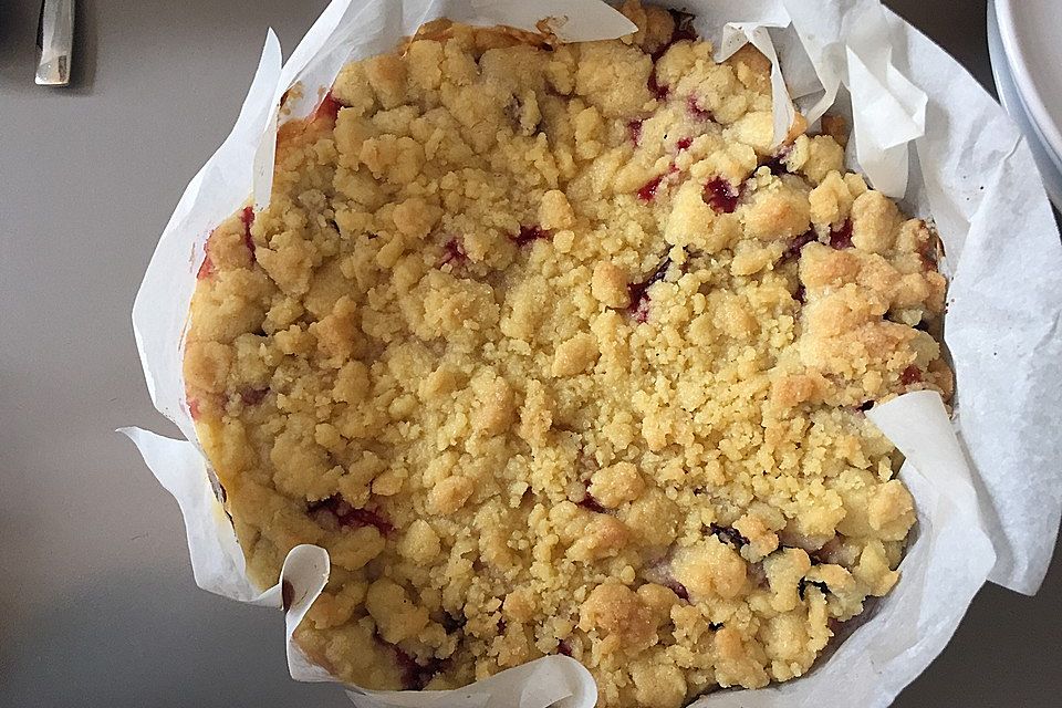 Pflaumenkuchen mit Pudding und Streusel