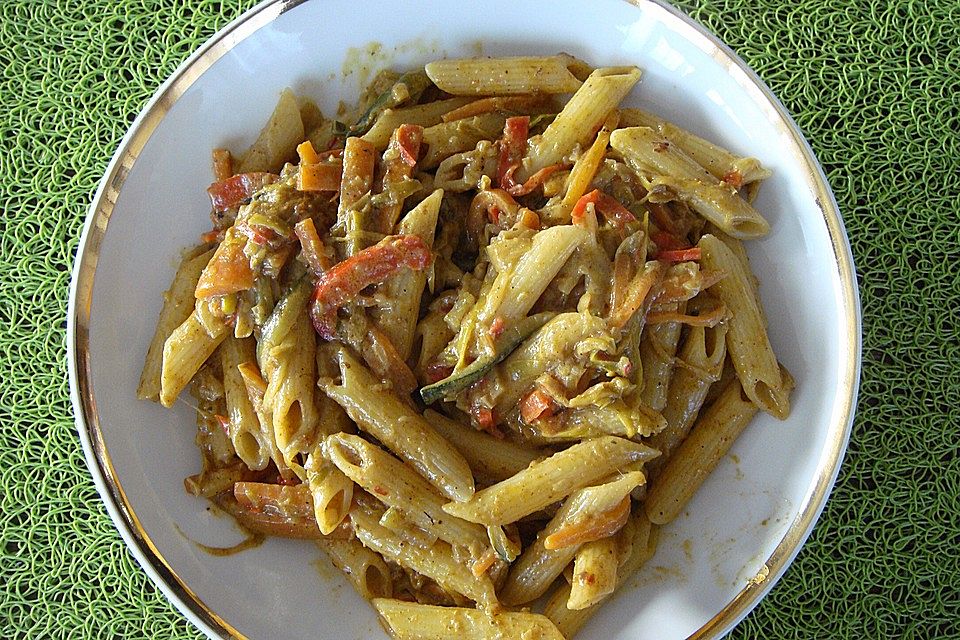 Penne mit Gemüse-Kokos-Currysauce