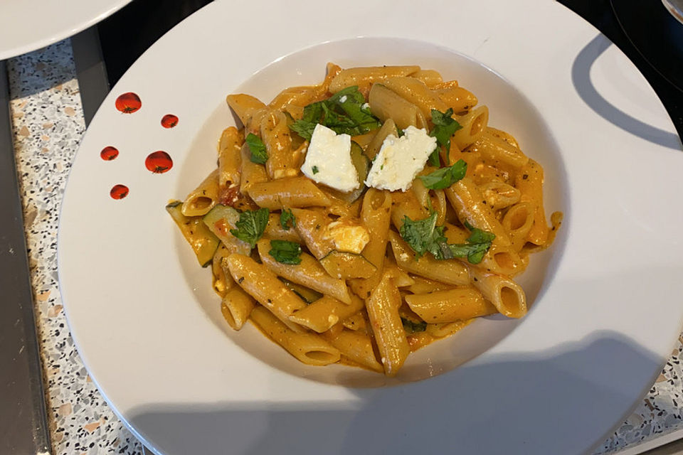 Penne in Tomaten-Gemüse-Schafskäsesoße
