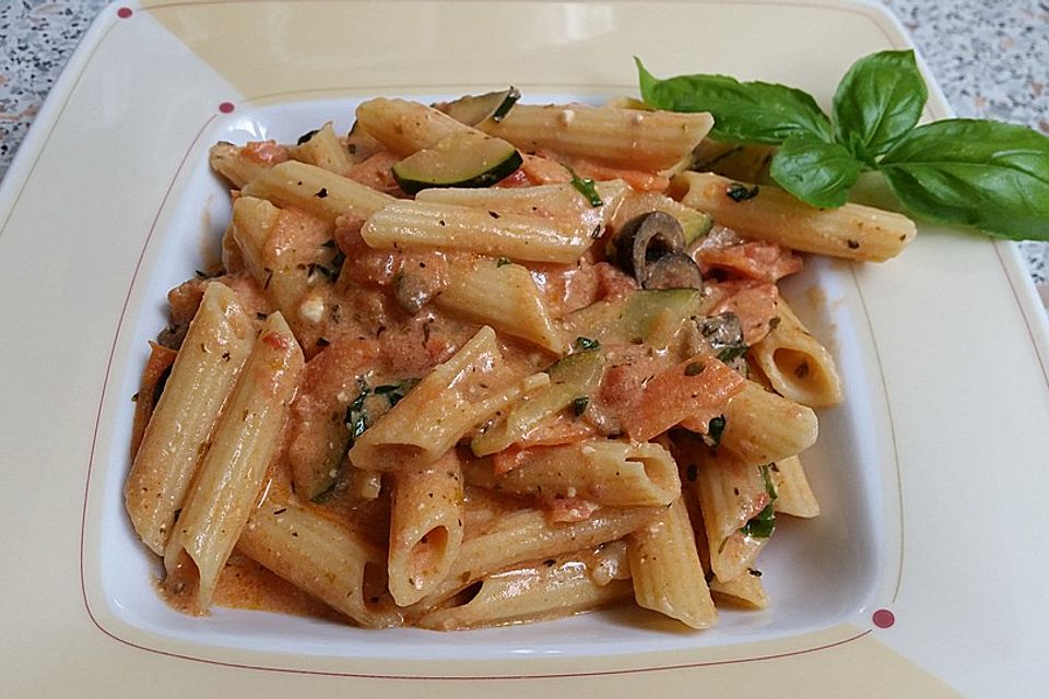 Penne in Tomaten-Gemüse-Schafskäsesoße