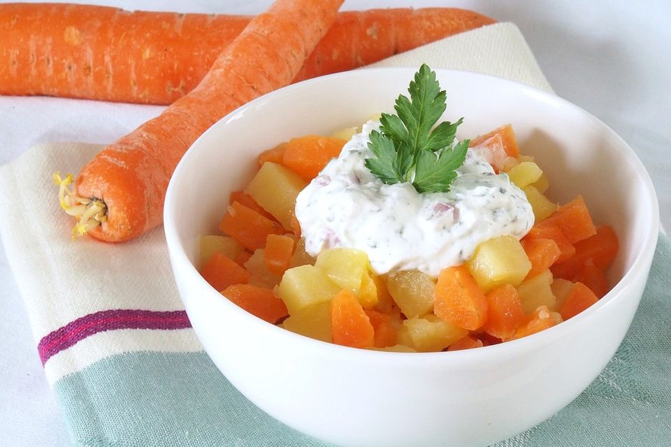 Gekochte Möhren und Kartoffeln mit Frühlingsquark