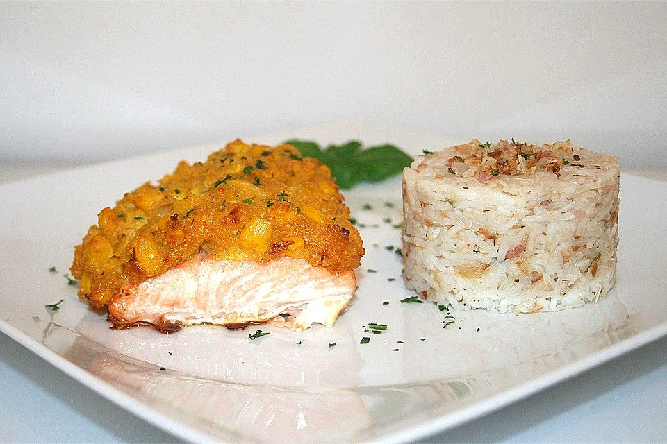 Lachsfilets mit Maishaube an Limetten-Kokosreis