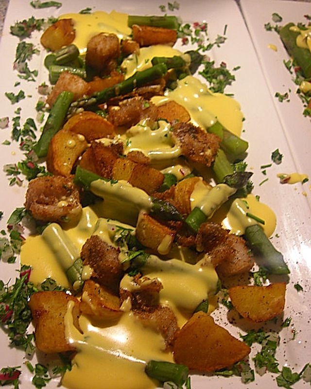 Fisch mit Senf-Honig-Marinade, Spargel und Kartoffeln