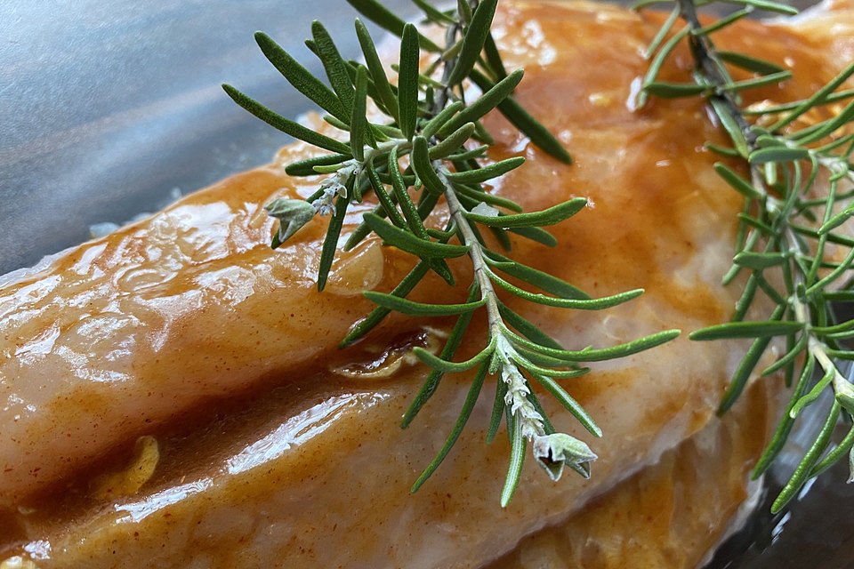 Fisch mit Senf-Honig-Marinade, Spargel und Kartoffeln