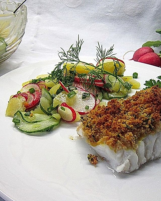 Kabeljau überbacken mit Kartoffel-Gurken-Radieschen-Salat