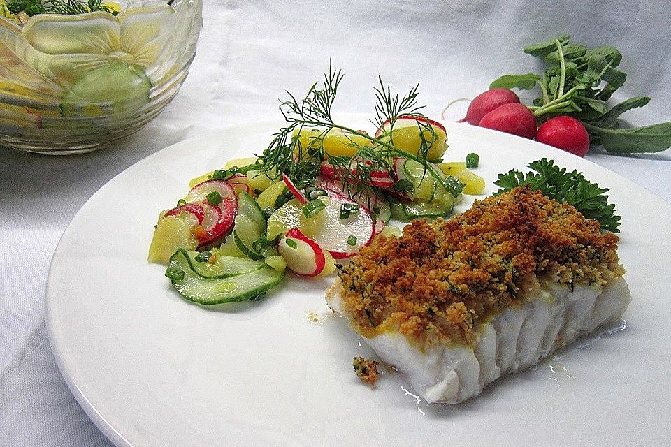 Kabeljau überbacken mit Kartoffel-Gurken-Radieschen-Salat