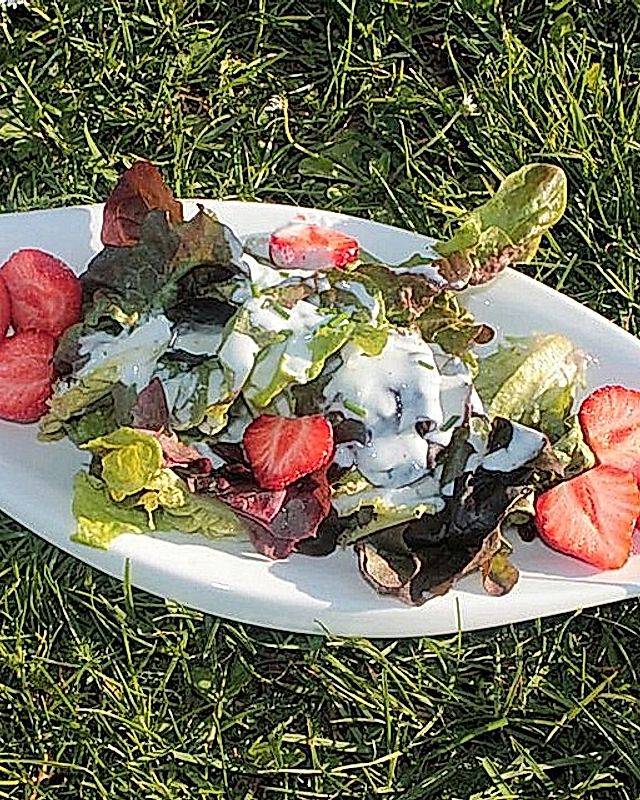 Eichblattsalat mit Erdbeeren in Joghurtdressing