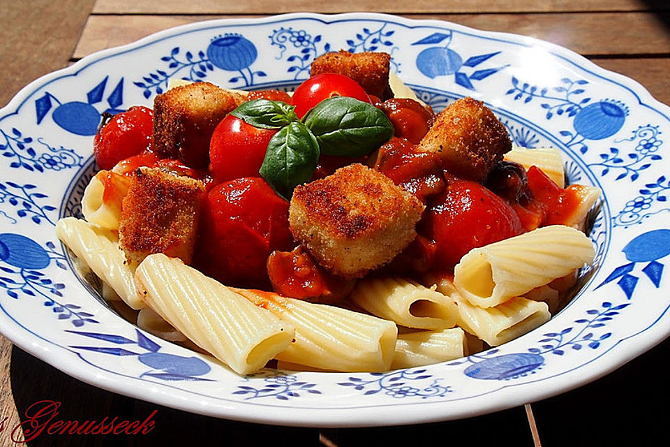 Tortiglioni in Tomatensauce mit Schmortomaten, Champignons und paniertem Feta