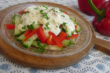 Paprika-Gurken-Salat mit Joghurt-Senf-Dressing