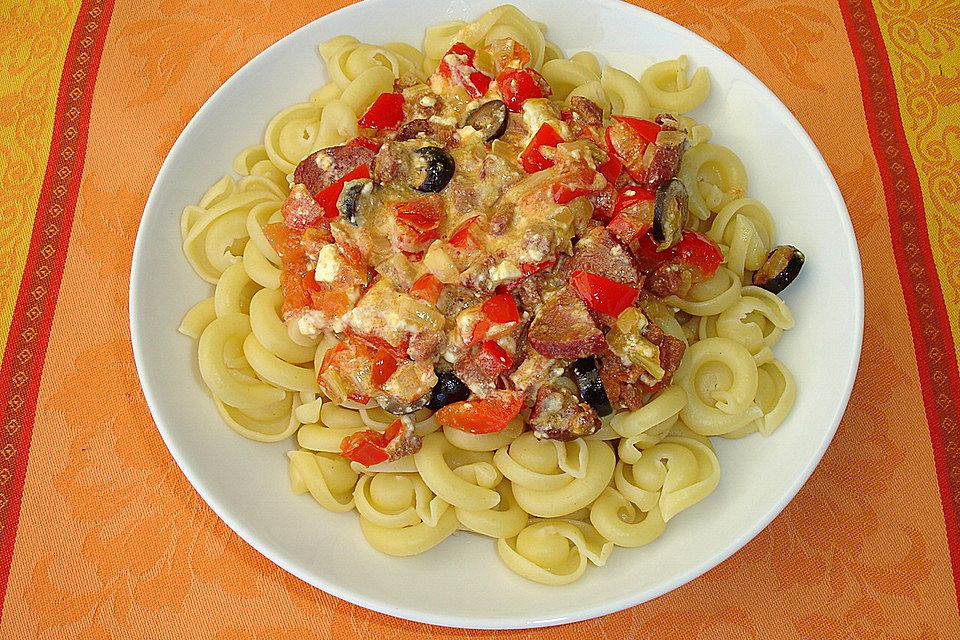 Pasta mit Sucuk-Schafskäse-Sauce