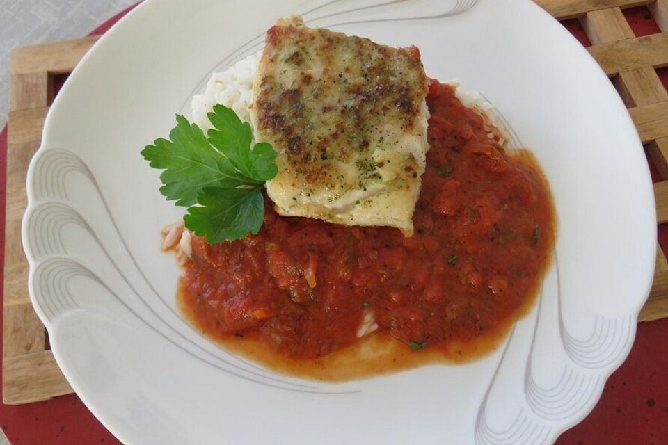 Kabeljaufilets mit würziger Tomatensoße