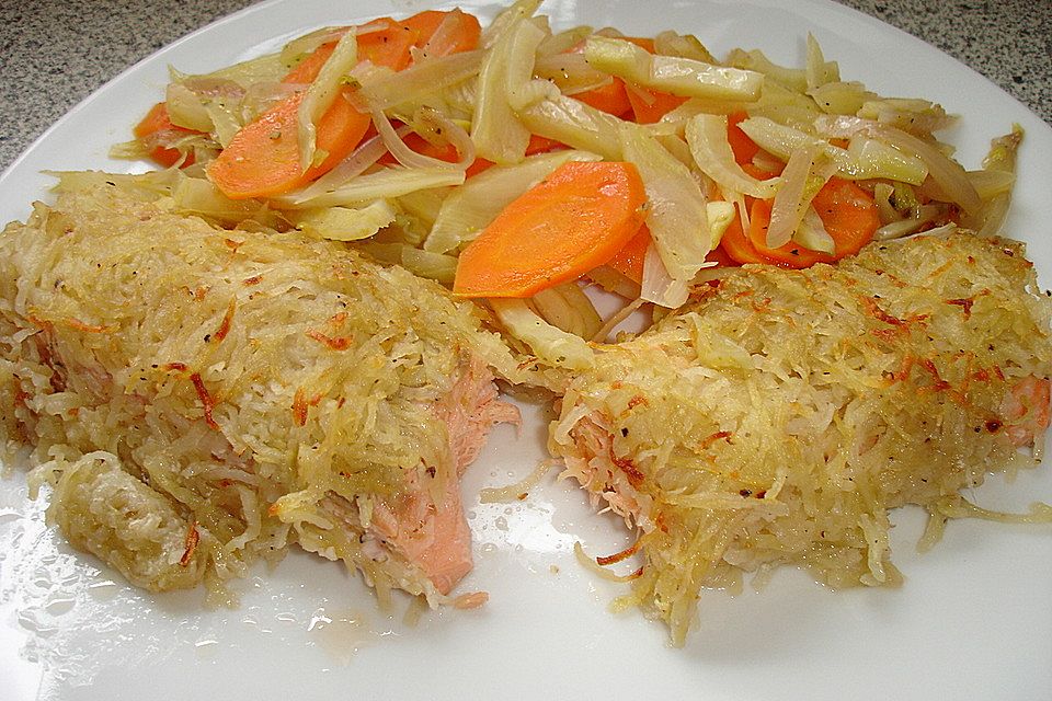 Fischfilet mit Kartoffelkruste und Möhren-Fenchel-Gemüse