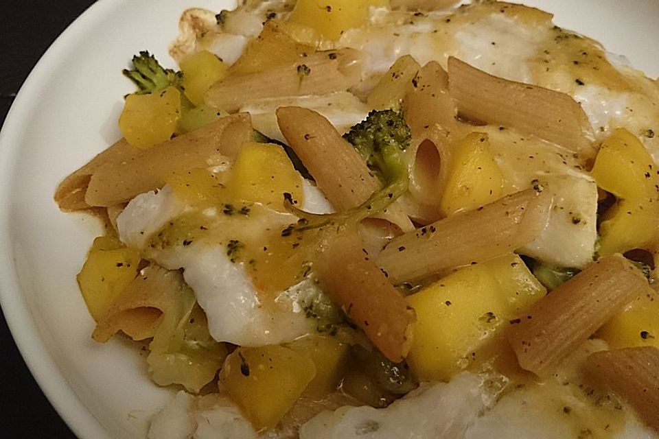 Nudelauflauf mit Mango, Brokkoli und Kabeljau