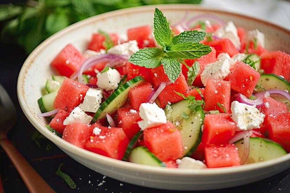 Wassermelonensalat mit Feta, Gurke und Tomaten