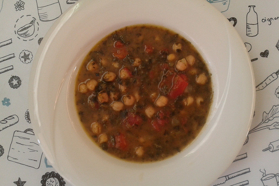 Vegetarische Spinatsuppe mit Kichererbsen und Tomaten