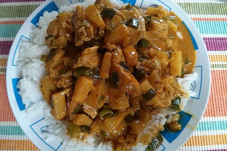 Einfaches Hähnchencurry mit Ananas und Reis