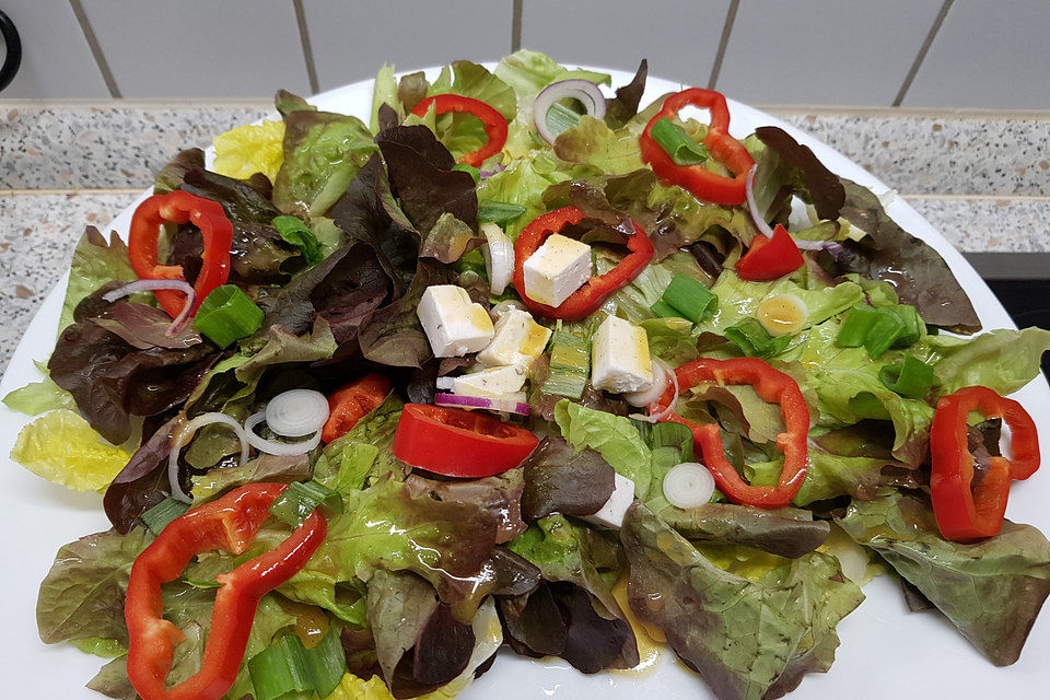 Eichblattsalat mit Paprika und Lauchzwiebel in Senfvinaigrette