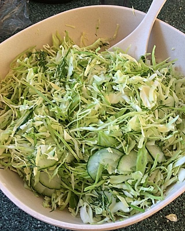 Krautsalat aus jungem Weißkohl mit Gurken und Dill
