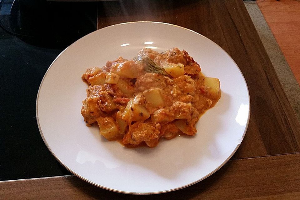 Mediterraner Kartoffel-Hähnchen-Auflauf mit Gemüsesauce