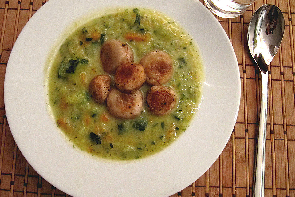 Zucchinicremesuppe mit gebratenen Champignons