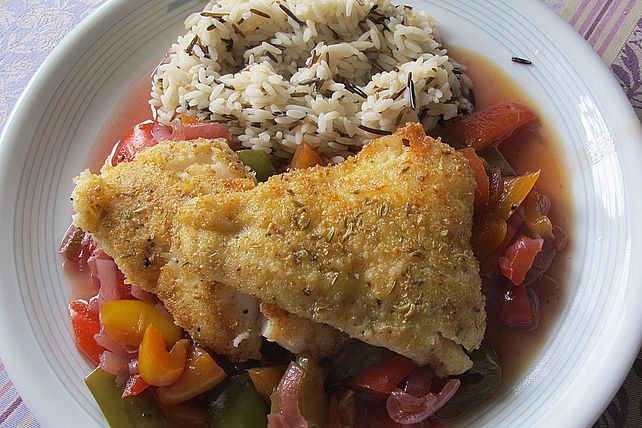 Kabeljau mit Würzkruste auf süß-saurer Peperonata von Monika| Chefkoch