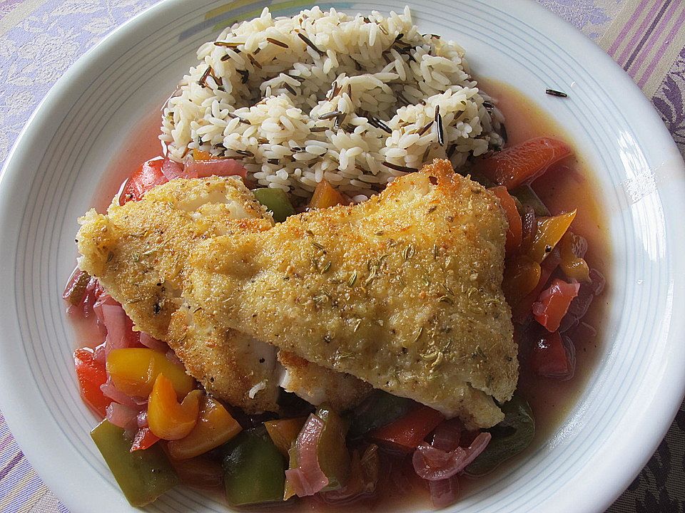 Kabeljau mit Würzkruste auf süß-saurer Peperonata von Monika| Chefkoch