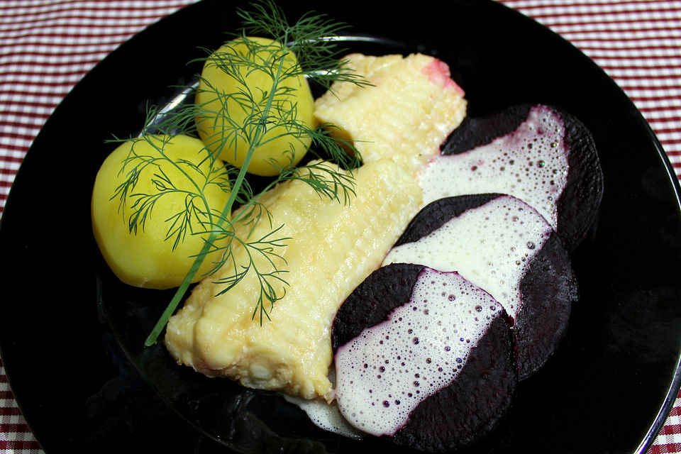 Steinbeißer mit Roter Bete und Meerrettichschaum