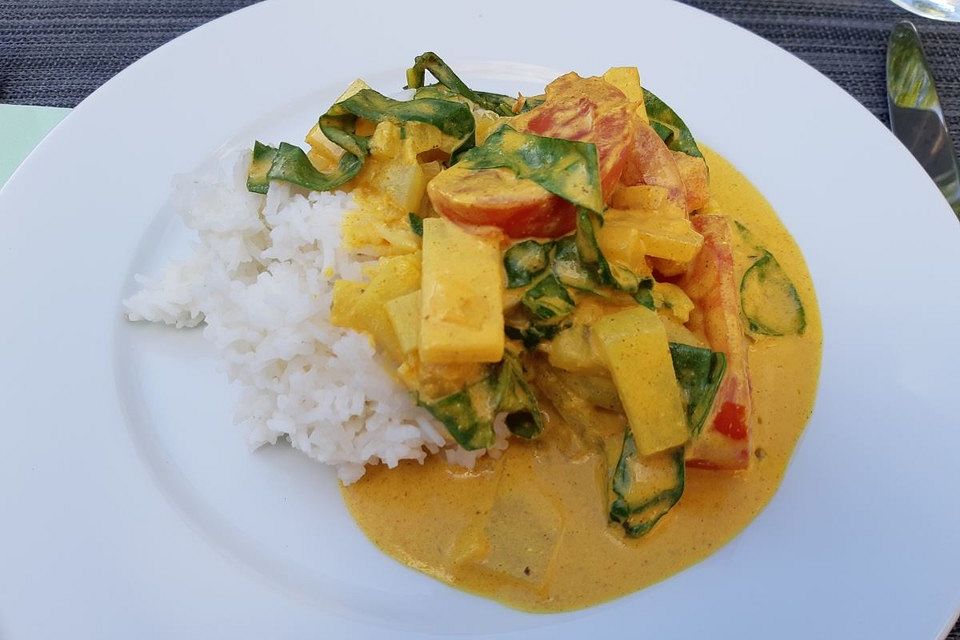 Spaghetti mit leckerer Kohlrabi-Mangold-Curry-Soße