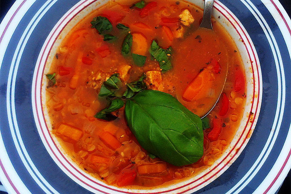 Rote Linsensuppe mit Rosso Tofu