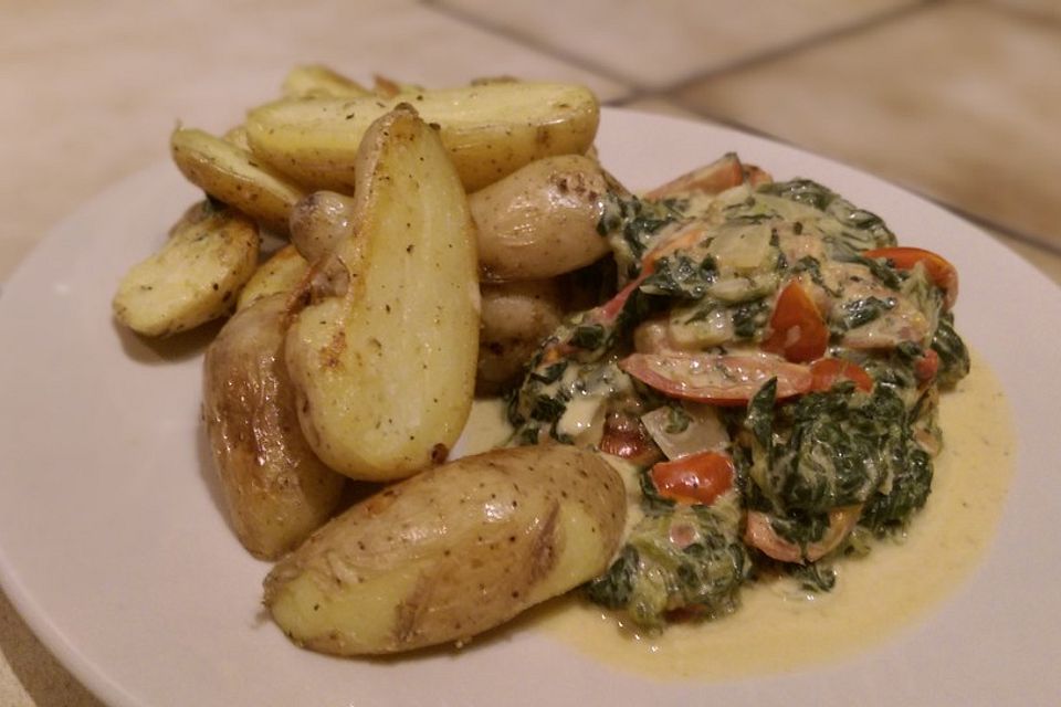 Mangold-Tomaten-Pfanne mit gebratenen Drillingen (Kartoffeln)