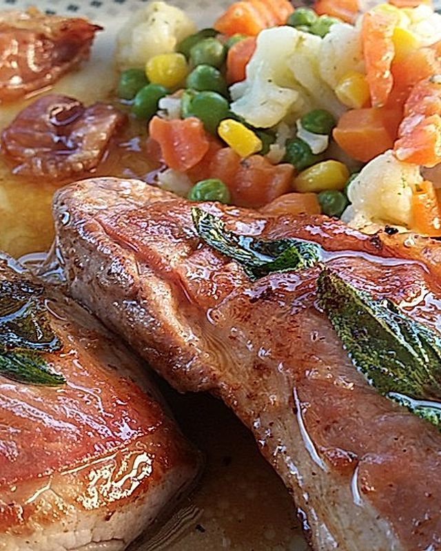 Axels Schweinefilet-Saltimbocca mit Buttergemüse & Baguette