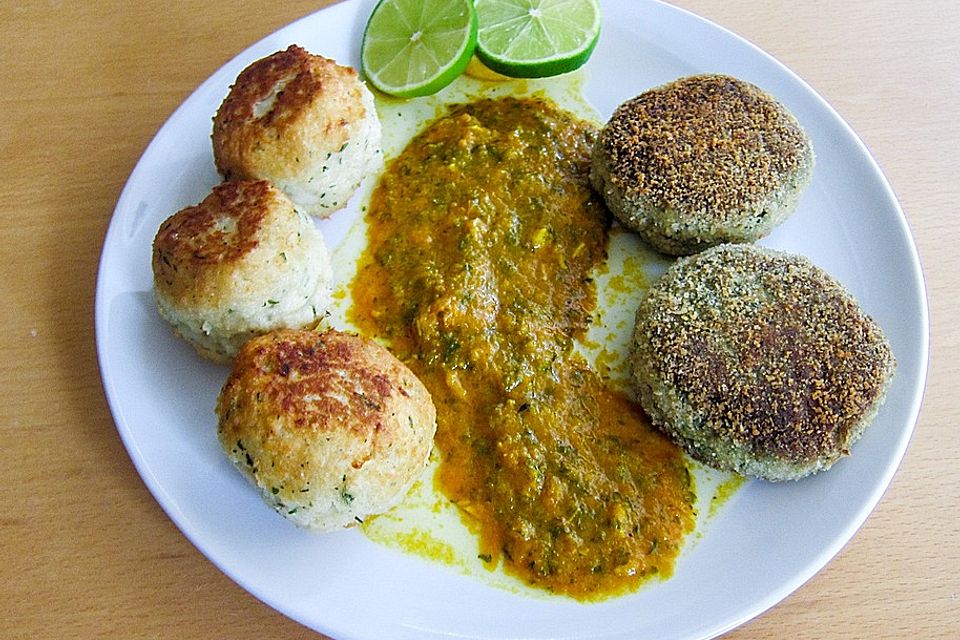 Kreolische Cassava-Bällchen und Fisch-Frikadellen mit Tomaten-Rougail