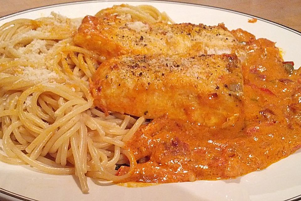 Spaghetti mit Lachs und Tomatencremesoße